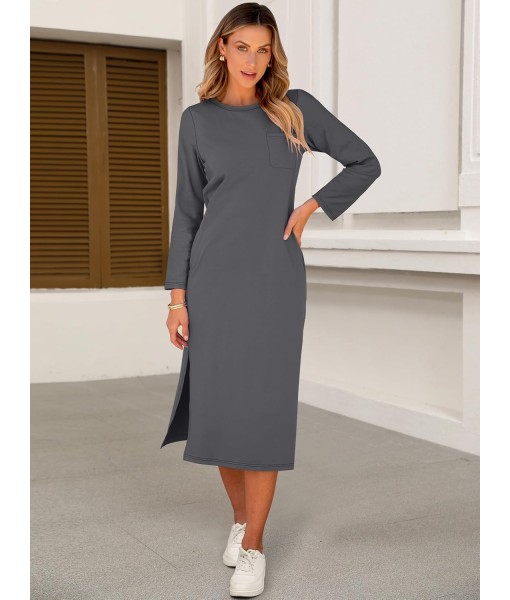 ANRABESS Womens 3/4 Long Sleeve Striped Slit Midi T Shirt Dresses with Pockets 2025 Dressy Casual Fall Fashion Travel Outfits