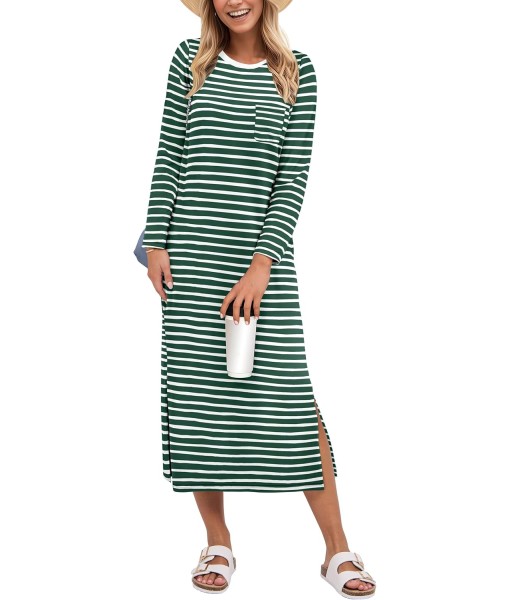 ANRABESS Womens 3/4 Long Sleeve Striped Slit Midi T Shirt Dresses with Pockets 2025 Dressy Casual Fall Fashion Travel Outfits