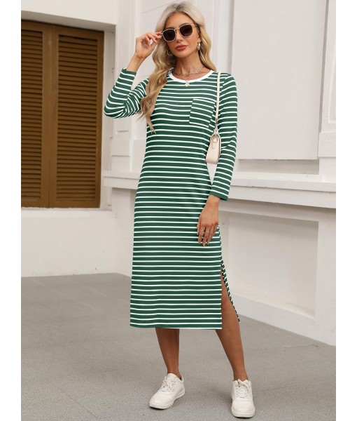 ANRABESS Womens 3/4 Long Sleeve Striped Slit Midi T Shirt Dresses with Pockets 2025 Dressy Casual Fall Fashion Travel Outfits