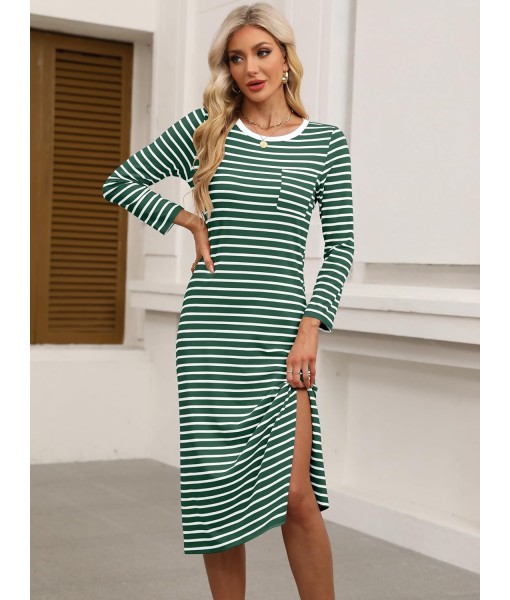 ANRABESS Womens 3/4 Long Sleeve Striped Slit Midi T Shirt Dresses with Pockets 2025 Dressy Casual Fall Fashion Travel Outfits