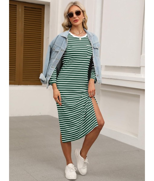 ANRABESS Womens 3/4 Long Sleeve Striped Slit Midi T Shirt Dresses with Pockets 2025 Dressy Casual Fall Fashion Travel Outfits