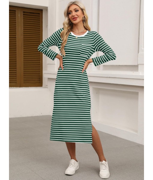ANRABESS Womens 3/4 Long Sleeve Striped Slit Midi T Shirt Dresses with Pockets 2025 Dressy Casual Fall Fashion Travel Outfits