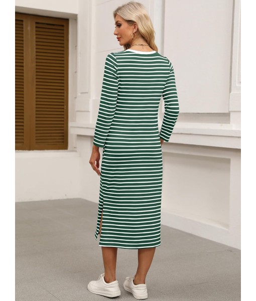 ANRABESS Womens 3/4 Long Sleeve Striped Slit Midi T Shirt Dresses with Pockets 2025 Dressy Casual Fall Fashion Travel Outfits