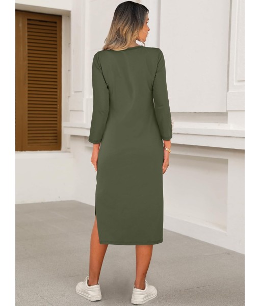 ANRABESS Womens 3/4 Long Sleeve Striped Slit Midi T Shirt Dresses with Pockets 2025 Dressy Casual Fall Fashion Travel Outfits