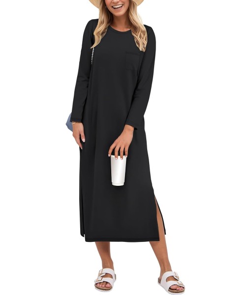 ANRABESS Womens 3/4 Long Sleeve Striped Slit Midi T Shirt Dresses with Pockets 2025 Dressy Casual Fall Fashion Travel Outfits