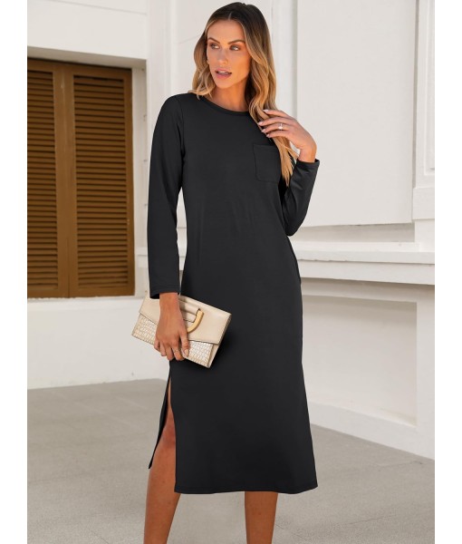 ANRABESS Womens 3/4 Long Sleeve Striped Slit Midi T Shirt Dresses with Pockets 2025 Dressy Casual Fall Fashion Travel Outfits