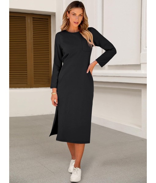 ANRABESS Womens 3/4 Long Sleeve Striped Slit Midi T Shirt Dresses with Pockets 2025 Dressy Casual Fall Fashion Travel Outfits
