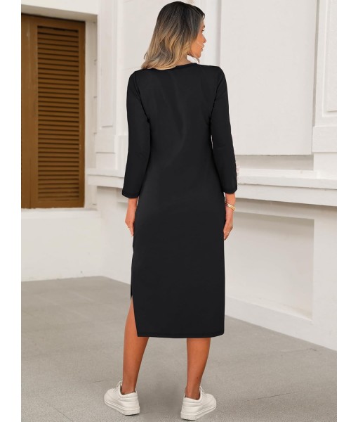 ANRABESS Womens 3/4 Long Sleeve Striped Slit Midi T Shirt Dresses with Pockets 2025 Dressy Casual Fall Fashion Travel Outfits