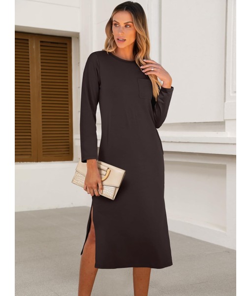 ANRABESS Womens 3/4 Long Sleeve Striped Slit Midi T Shirt Dresses with Pockets 2025 Dressy Casual Fall Fashion Travel Outfits