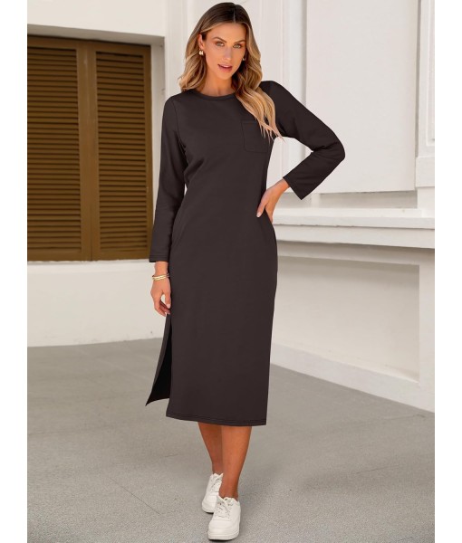 ANRABESS Womens 3/4 Long Sleeve Striped Slit Midi T Shirt Dresses with Pockets 2025 Dressy Casual Fall Fashion Travel Outfits