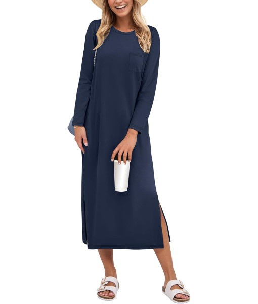 ANRABESS Womens 3/4 Long Sleeve Striped Slit Midi T Shirt Dresses with Pockets 2025 Dressy Casual Fall Fashion Travel Outfits