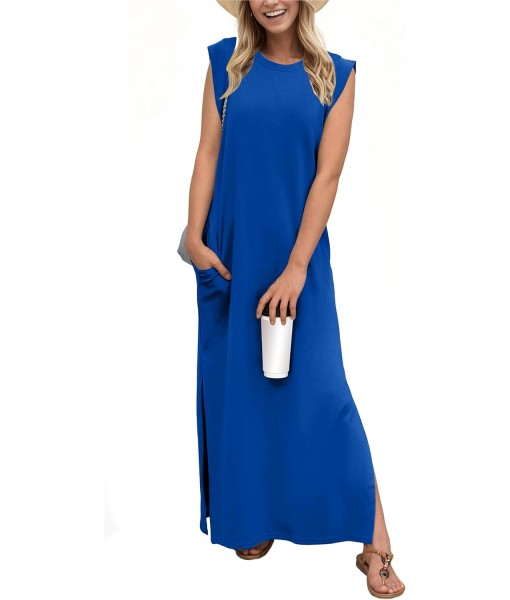 GRECERELLE 2025 Women Year-Round Casual Round Neck Loose Split Wrinkle-Free Long Maxi Vacation Dress with Pockets (XS-3XL)