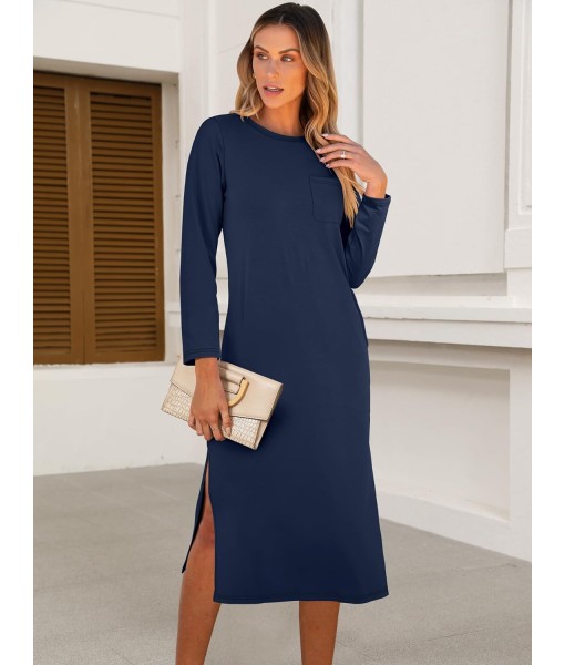 ANRABESS Womens 3/4 Long Sleeve Striped Slit Midi T Shirt Dresses with Pockets 2025 Dressy Casual Fall Fashion Travel Outfits