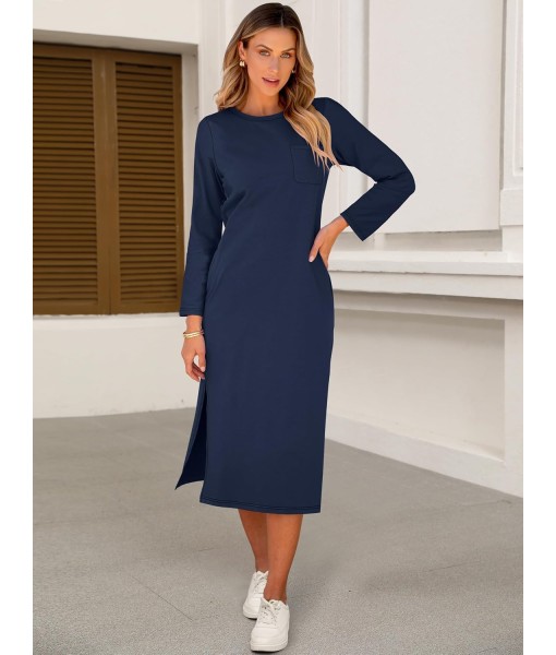 ANRABESS Womens 3/4 Long Sleeve Striped Slit Midi T Shirt Dresses with Pockets 2025 Dressy Casual Fall Fashion Travel Outfits