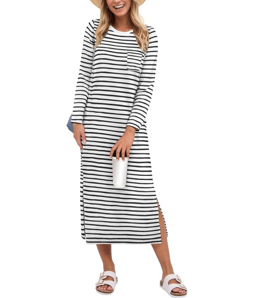 ANRABESS Womens 3/4 Long Sleeve Striped Slit Midi T Shirt Dresses with Pockets 2025 Dressy Casual Fall Fashion Travel Outfits
