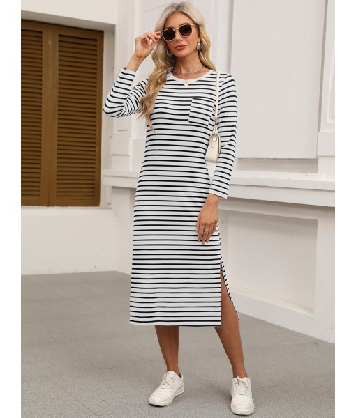 ANRABESS Womens 3/4 Long Sleeve Striped Slit Midi T Shirt Dresses with Pockets 2025 Dressy Casual Fall Fashion Travel Outfits