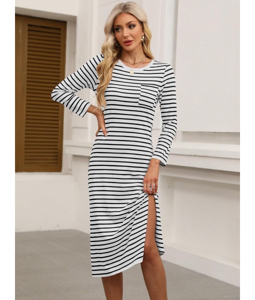 ANRABESS Womens 3/4 Long Sleeve Striped Slit Midi T Shirt Dresses with Pockets 2025 Dressy Casual Fall Fashion Travel Outfits