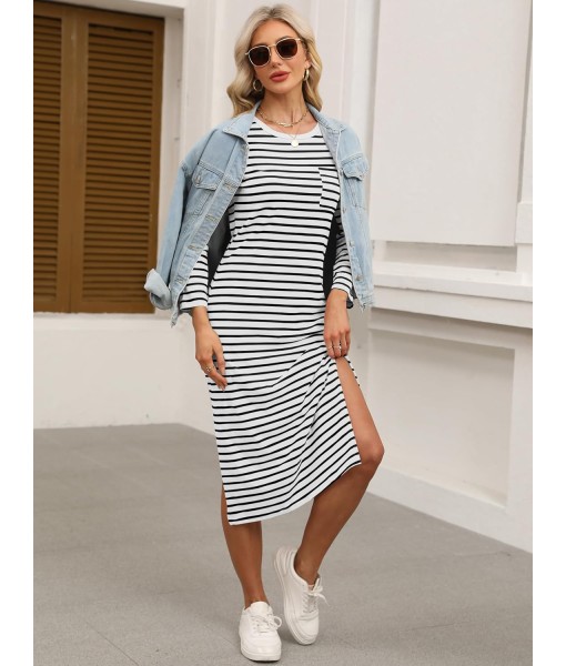 ANRABESS Womens 3/4 Long Sleeve Striped Slit Midi T Shirt Dresses with Pockets 2025 Dressy Casual Fall Fashion Travel Outfits