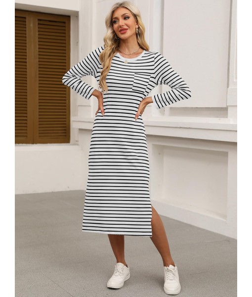 ANRABESS Womens 3/4 Long Sleeve Striped Slit Midi T Shirt Dresses with Pockets 2025 Dressy Casual Fall Fashion Travel Outfits