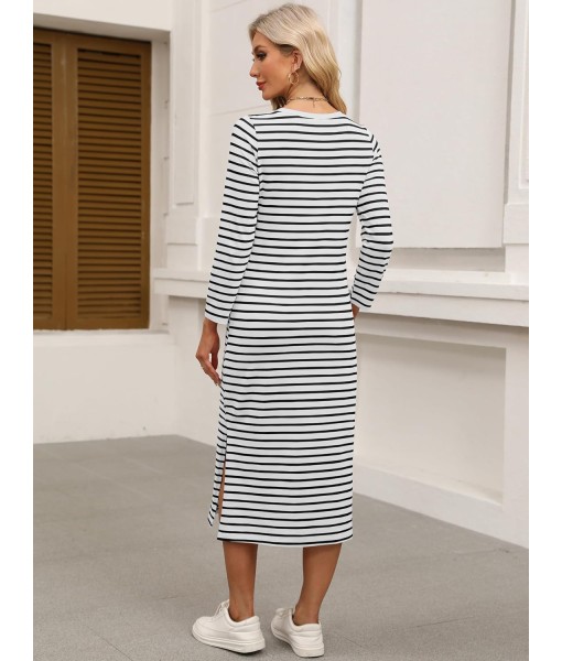 ANRABESS Womens 3/4 Long Sleeve Striped Slit Midi T Shirt Dresses with Pockets 2025 Dressy Casual Fall Fashion Travel Outfits