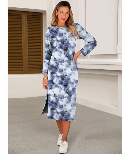 ANRABESS Womens 3/4 Long Sleeve Striped Slit Midi T Shirt Dresses with Pockets 2025 Dressy Casual Fall Fashion Travel Outfits