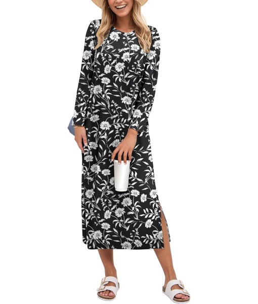 ANRABESS Womens 3/4 Long Sleeve Striped Slit Midi T Shirt Dresses with Pockets 2025 Dressy Casual Fall Fashion Travel Outfits