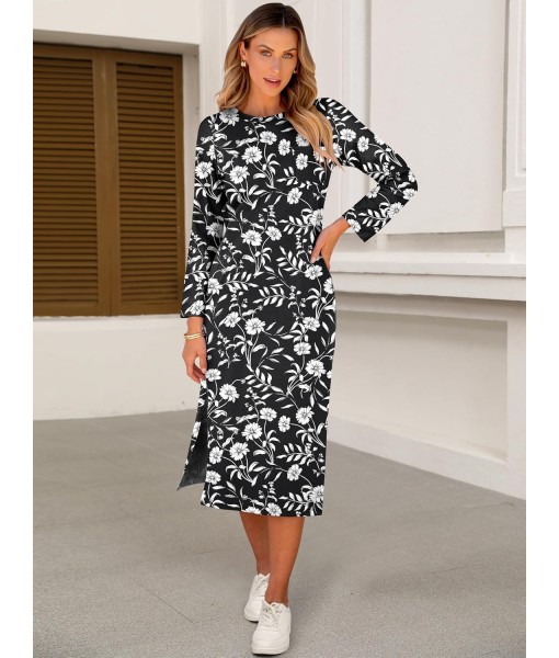 ANRABESS Womens 3/4 Long Sleeve Striped Slit Midi T Shirt Dresses with Pockets 2025 Dressy Casual Fall Fashion Travel Outfits