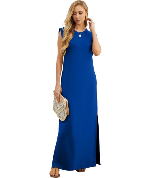 GRECERELLE 2025 Women Year-Round Casual Round Neck Loose Split Wrinkle-Free Long Maxi Vacation Dress with Pockets (XS-3XL)