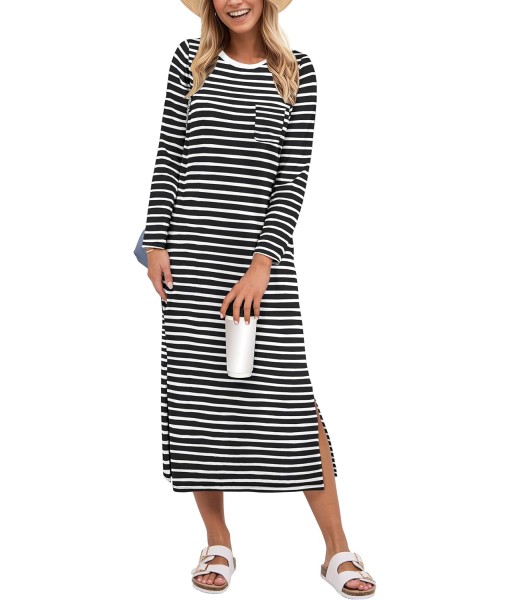 ANRABESS Womens 3/4 Long Sleeve Striped Slit Midi T Shirt Dresses with Pockets 2025 Dressy Casual Fall Fashion Travel Outfits