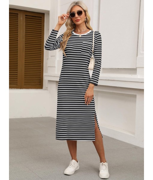 ANRABESS Womens 3/4 Long Sleeve Striped Slit Midi T Shirt Dresses with Pockets 2025 Dressy Casual Fall Fashion Travel Outfits