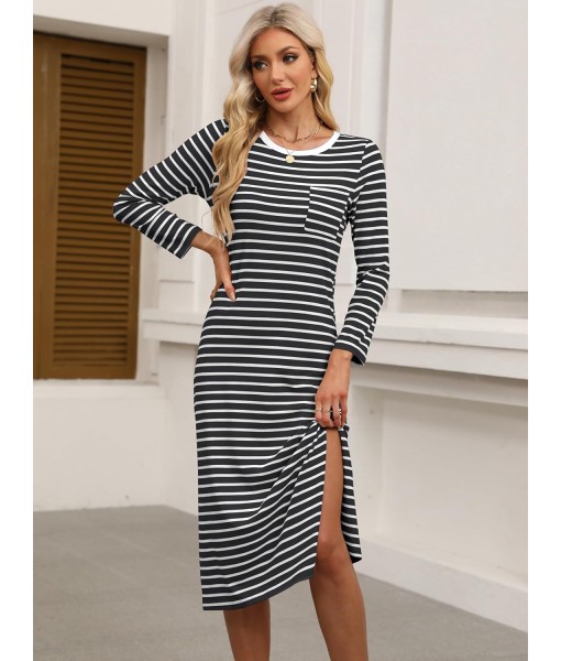 ANRABESS Womens 3/4 Long Sleeve Striped Slit Midi T Shirt Dresses with Pockets 2025 Dressy Casual Fall Fashion Travel Outfits