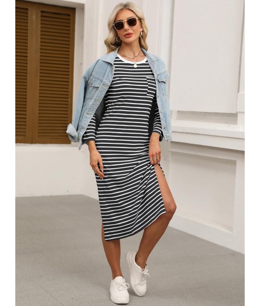 ANRABESS Womens 3/4 Long Sleeve Striped Slit Midi T Shirt Dresses with Pockets 2025 Dressy Casual Fall Fashion Travel Outfits
