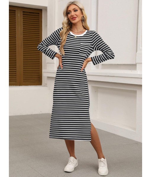 ANRABESS Womens 3/4 Long Sleeve Striped Slit Midi T Shirt Dresses with Pockets 2025 Dressy Casual Fall Fashion Travel Outfits