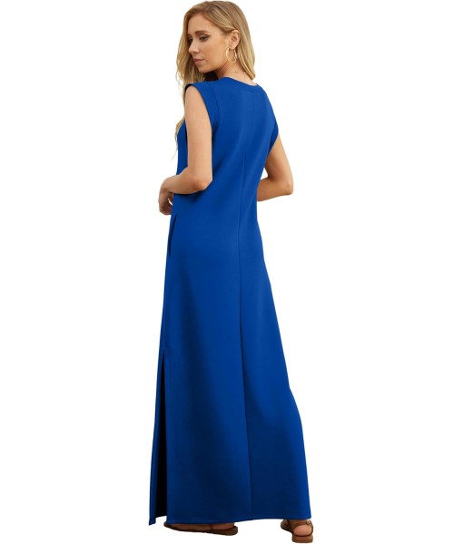 GRECERELLE 2025 Women Year-Round Casual Round Neck Loose Split Wrinkle-Free Long Maxi Vacation Dress with Pockets (XS-3XL)