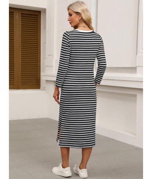 ANRABESS Womens 3/4 Long Sleeve Striped Slit Midi T Shirt Dresses with Pockets 2025 Dressy Casual Fall Fashion Travel Outfits