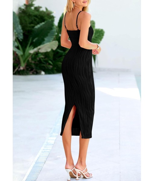 PRETTYGARDEN Women's 2025 Summer Sleeveless Bodycon Dress Textured Back Slit Sexy Cocktail Party Midi Dresses