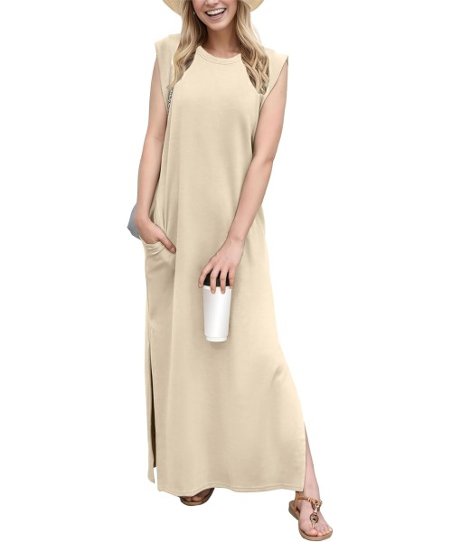 GRECERELLE 2025 Women Year-Round Casual Round Neck Loose Split Wrinkle-Free Long Maxi Vacation Dress with Pockets (XS-3XL)