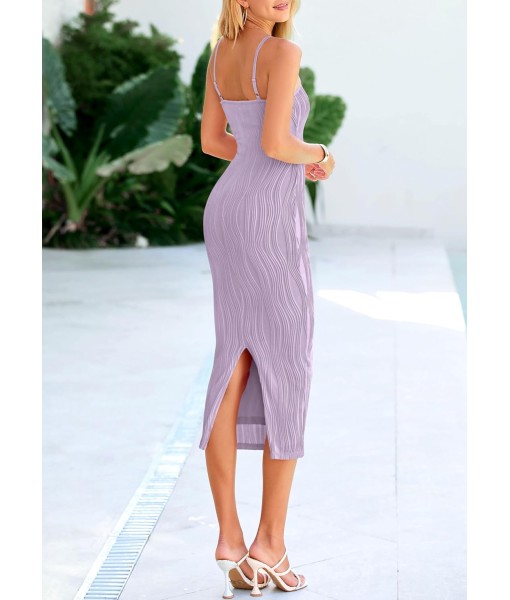 PRETTYGARDEN Women's 2025 Summer Sleeveless Bodycon Dress Textured Back Slit Sexy Cocktail Party Midi Dresses