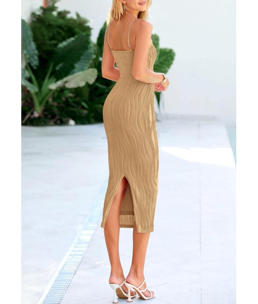 PRETTYGARDEN Women's 2025 Summer Sleeveless Bodycon Dress Textured Back Slit Sexy Cocktail Party Midi Dresses