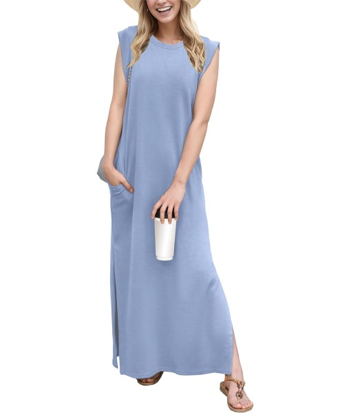 GRECERELLE 2025 Women Year-Round Casual Round Neck Loose Split Wrinkle-Free Long Maxi Vacation Dress with Pockets (XS-3XL)