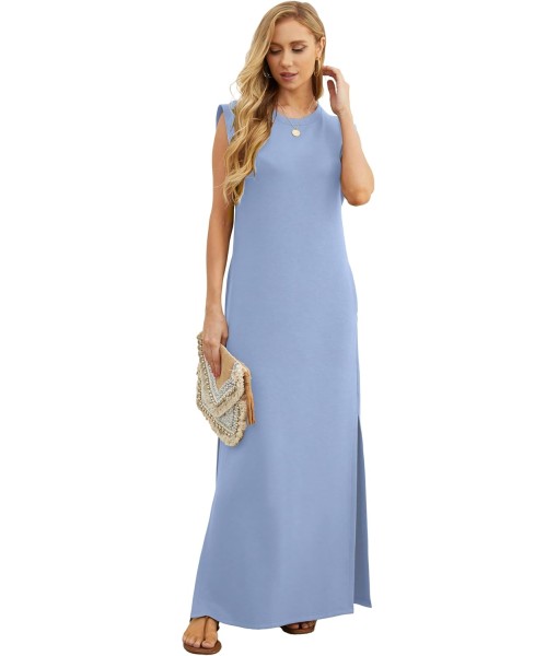 GRECERELLE 2025 Women Year-Round Casual Round Neck Loose Split Wrinkle-Free Long Maxi Vacation Dress with Pockets (XS-3XL)