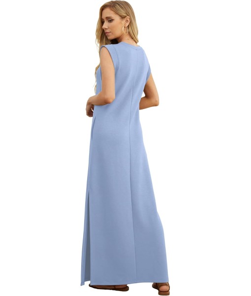 GRECERELLE 2025 Women Year-Round Casual Round Neck Loose Split Wrinkle-Free Long Maxi Vacation Dress with Pockets (XS-3XL)