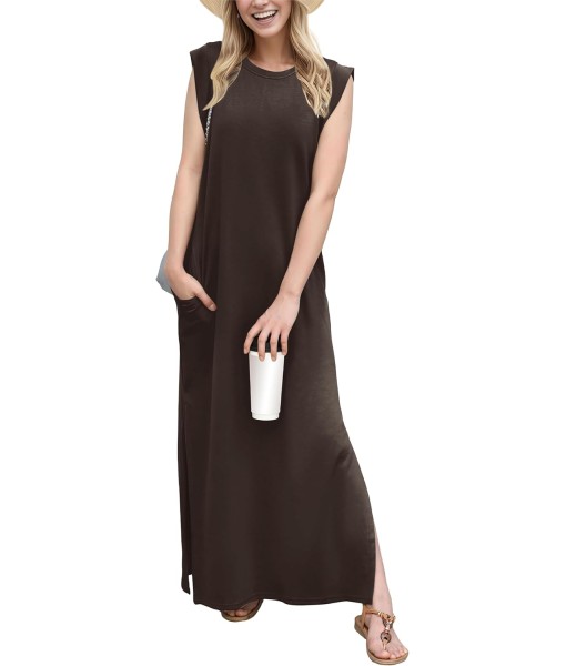 GRECERELLE 2025 Women Year-Round Casual Round Neck Loose Split Wrinkle-Free Long Maxi Vacation Dress with Pockets (XS-3XL)