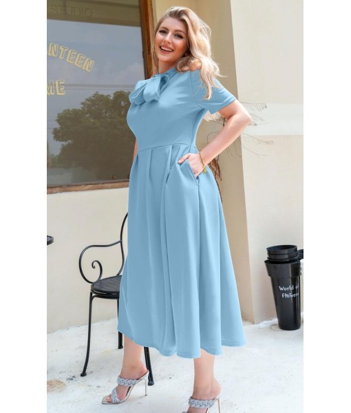 Memoriesea Women's Elegant Casual Short Sleeve Work Party A-Line Dress with Pockets