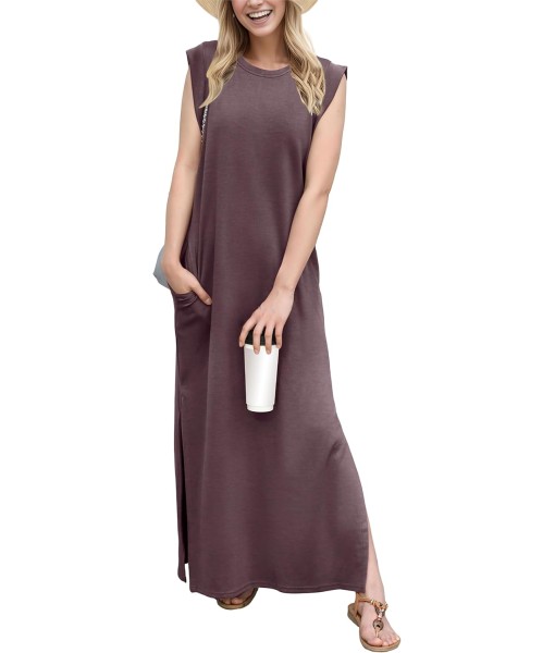 GRECERELLE 2025 Women Year-Round Casual Round Neck Loose Split Wrinkle-Free Long Maxi Vacation Dress with Pockets (XS-3XL)