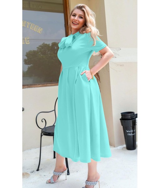 Memoriesea Women's Elegant Casual Short Sleeve Work Party A-Line Dress with Pockets