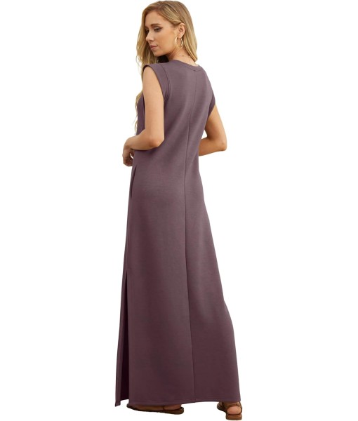 GRECERELLE 2025 Women Year-Round Casual Round Neck Loose Split Wrinkle-Free Long Maxi Vacation Dress with Pockets (XS-3XL)