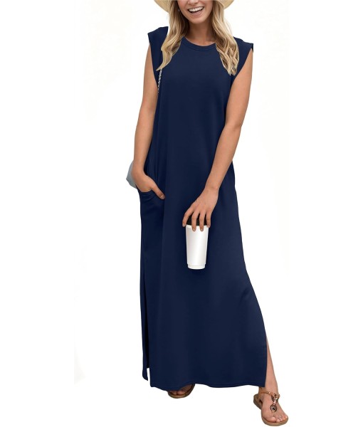 GRECERELLE 2025 Women Year-Round Casual Round Neck Loose Split Wrinkle-Free Long Maxi Vacation Dress with Pockets (XS-3XL)