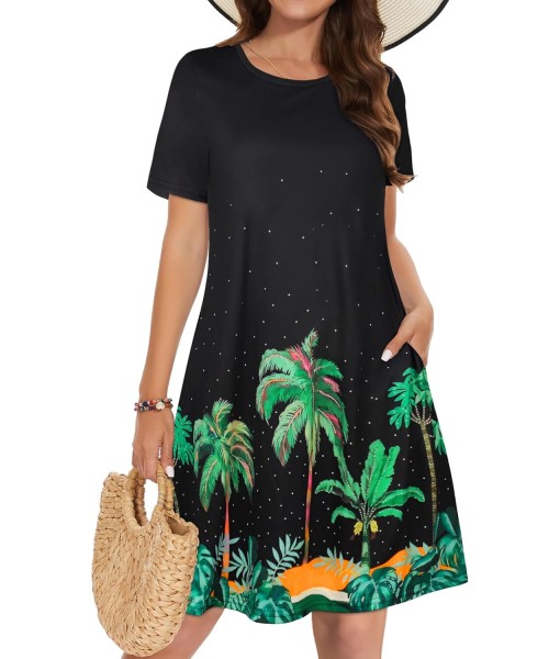 Summer Dresses for Women Casual Tshirt Short Sleeve Floral Sundress Beach Cover Ups with Pockets