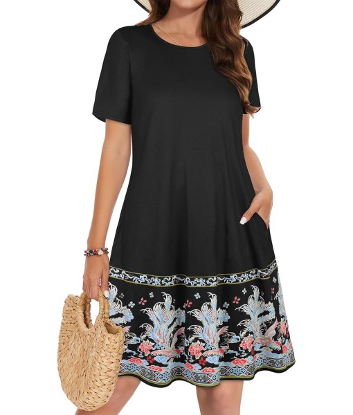 Summer Dresses for Women Casual Tshirt Short Sleeve Floral Sundress Beach Cover Ups with Pockets